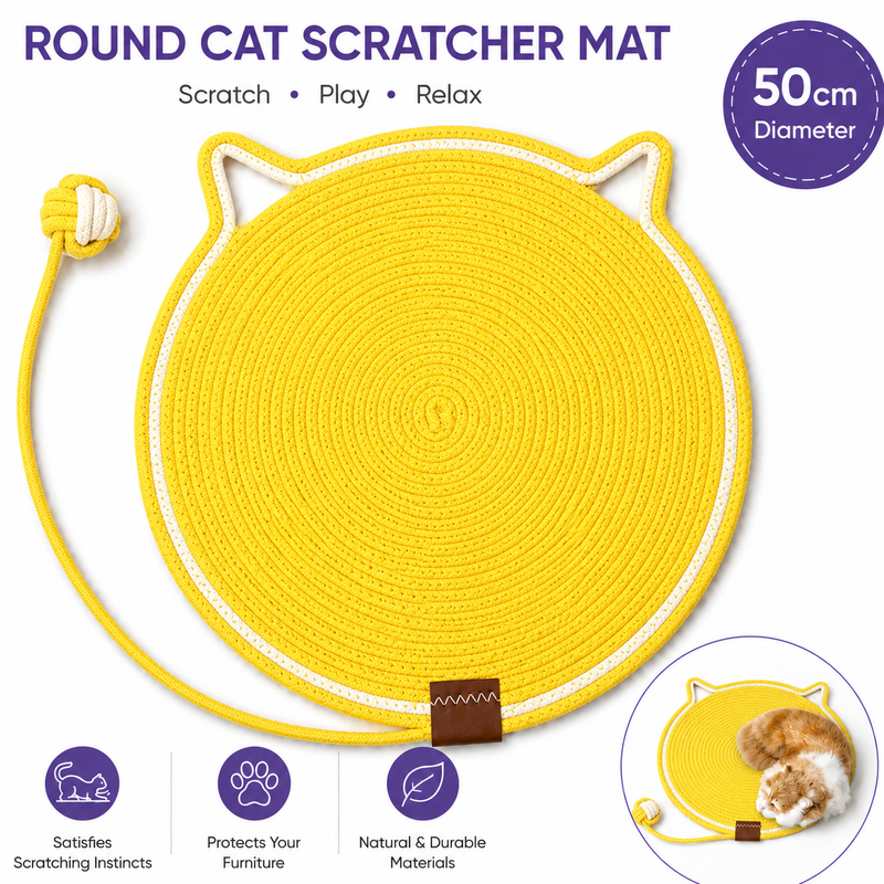 Yellow Durable Cat Scratching Mat with Attached Toy Ball - Washable and Multi-Functional, Ideal for Cats' Scratching and Sleeping - 50cm Diameter