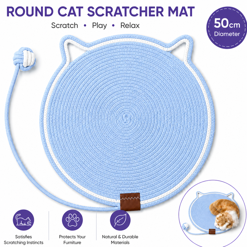 Blue Durable Cat Scratching Mat with Attached Toy Ball - Washable and Multi-Functional, Ideal for Cats' Scratching and Sleeping - 50cm Diameter