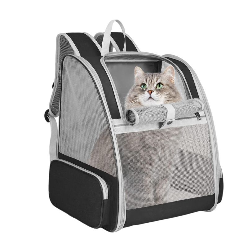 Black Breathable Pet Carrier Backpack - 35 x 29 x 41 cm Oxford Fabric Travel Bag with Mesh Ventilation, Structured Support and Plush Mat for Cats and Small Dogs