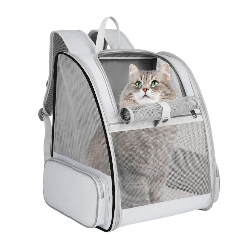 Grey Breathable Pet Carrier Backpack - 35 x 29 x 41 cm Oxford Fabric Travel Bag with Mesh Ventilation, Structured Support and Plush Mat for Cats and Small Dogs