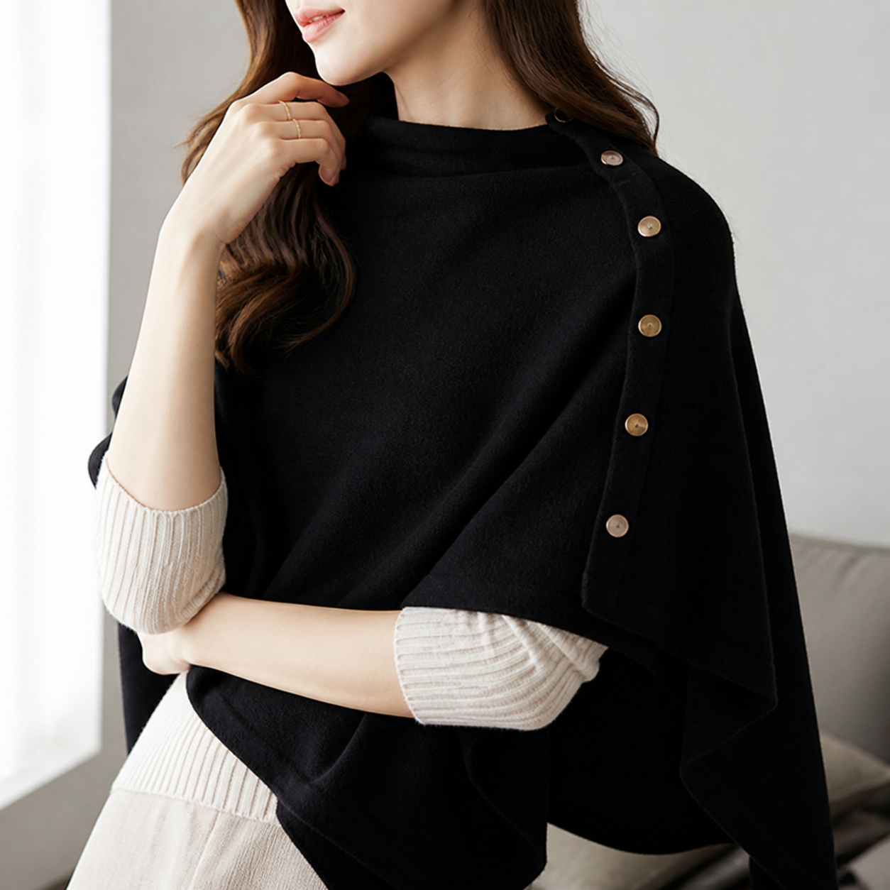 Black Women's Winter Shawl Wrap - 140 x 56 cm Polyester Two Way Knitted Cape Scarf, Warm Lightweight Layer for Everyday Outfits, Work and Travel