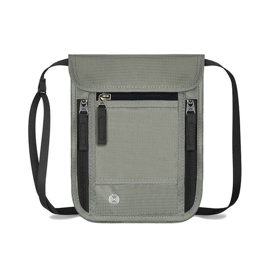 Grey RFID Neck Passport Holder - 16.3 x 22.8 cm Lightweight Nylon and Polyester Crossbody Travel Wallet and Document Organiser for Phone, Cards, Cash and Tickets