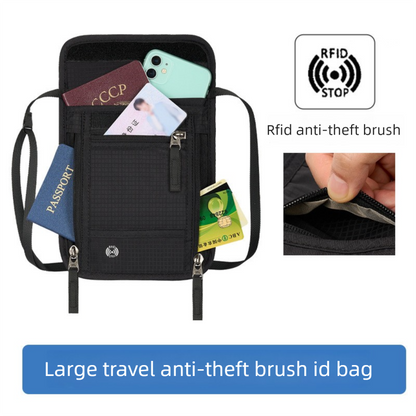 Grey RFID Neck Passport Holder - 16.3 x 22.8 cm Lightweight Nylon and Polyester Crossbody Travel Wallet and Document Organiser for Phone, Cards, Cash and Tickets