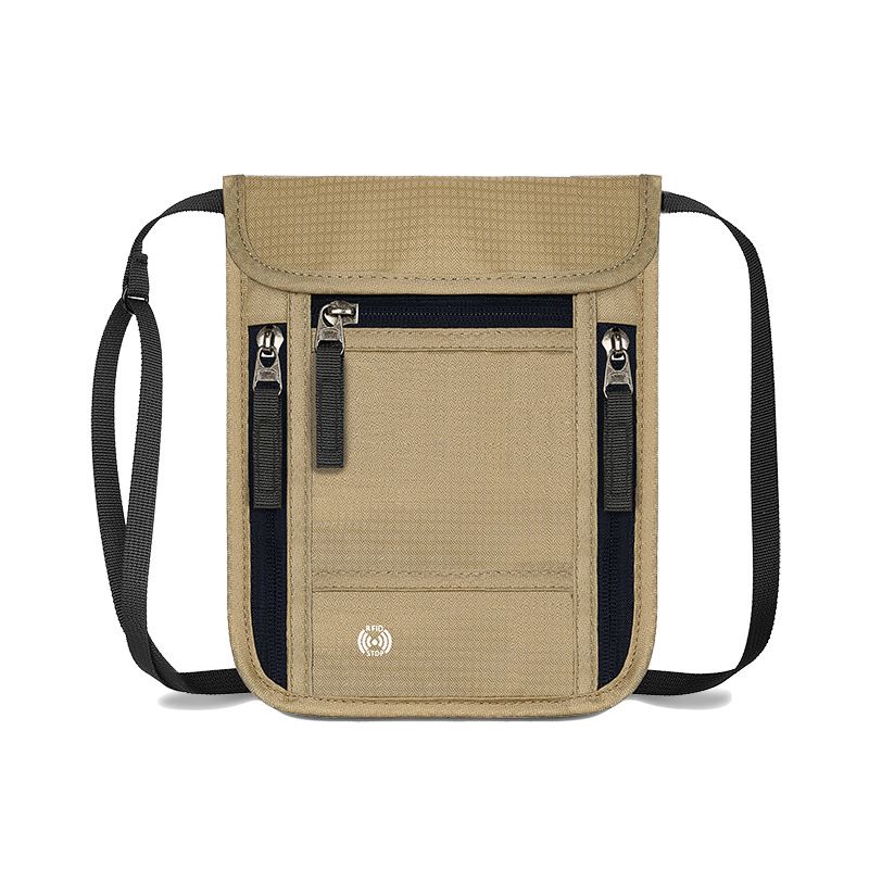 Khaki RFID Neck Passport Holder - 16.3 x 22.8 cm Lightweight Nylon and Polyester Crossbody Travel Wallet and Document Organiser for Phone, Cards, Cash and Tickets