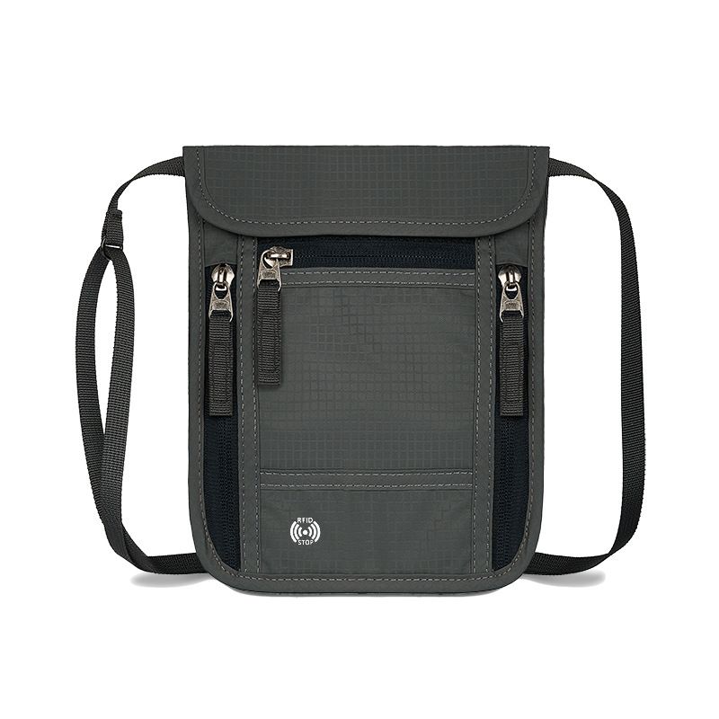 Dark Grey RFID Neck Passport Holder - 16.3 x 22.8 cm Lightweight Nylon and Polyester Crossbody Travel Wallet and Document Organiser for Phone, Cards, Cash and Tickets