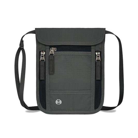 Dark Grey RFID Neck Passport Holder - 16.3 x 22.8 cm Lightweight Nylon and Polyester Crossbody Travel Wallet and Document Organiser for Phone, Cards, Cash and Tickets