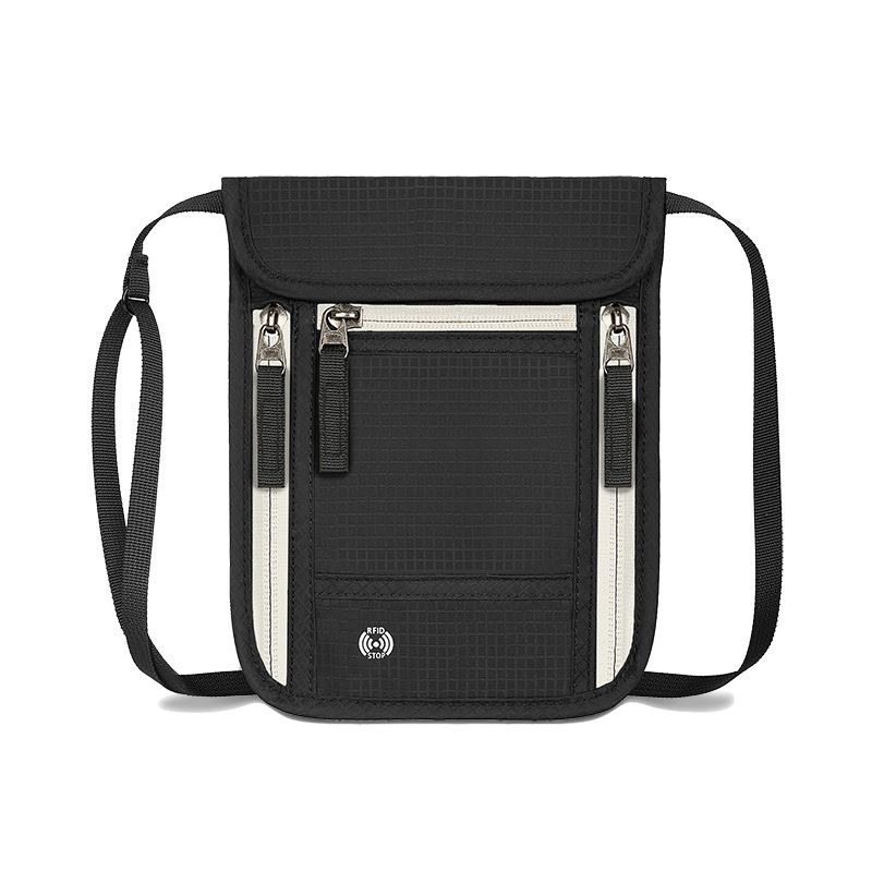 Black and Grey RFID Neck Passport Holder - 16.3 x 22.8 cm Lightweight Nylon and Polyester Crossbody Travel Wallet and Document Organiser for Phone, Cards, Cash and Tickets