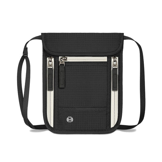 Black and Grey RFID Neck Passport Holder - 16.3 x 22.8 cm Lightweight Nylon and Polyester Crossbody Travel Wallet and Document Organiser for Phone, Cards, Cash and Tickets