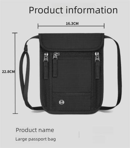Black and Grey RFID Neck Passport Holder - 16.3 x 22.8 cm Lightweight Nylon and Polyester Crossbody Travel Wallet and Document Organiser for Phone, Cards, Cash and Tickets