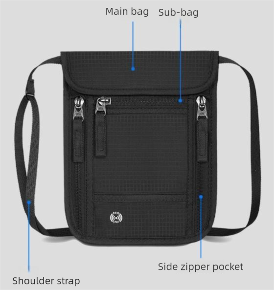 Black and Grey RFID Neck Passport Holder - 16.3 x 22.8 cm Lightweight Nylon and Polyester Crossbody Travel Wallet and Document Organiser for Phone, Cards, Cash and Tickets