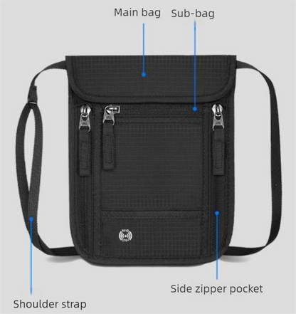 Black and Grey RFID Neck Passport Holder - 16.3 x 22.8 cm Lightweight Nylon and Polyester Crossbody Travel Wallet and Document Organiser for Phone, Cards, Cash and Tickets