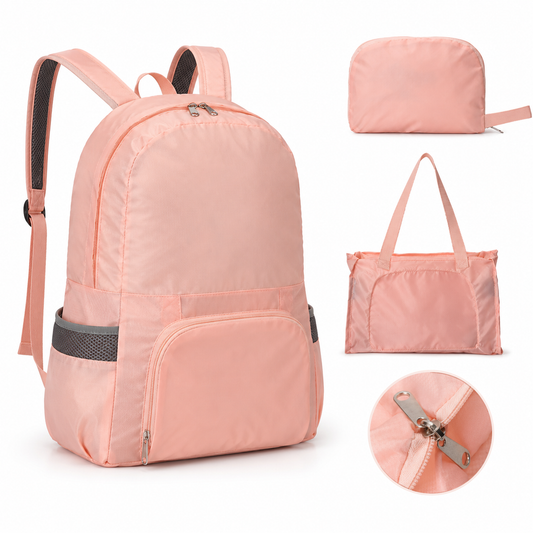Pink Lightweight Foldable Backpack - Waterproof Polyester 3 Way Backpack and Tote Bag, 160g Packable Daypack for Hiking, Travel, Camping and Everyday Use