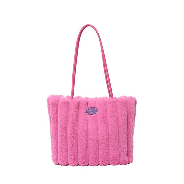 Rose red Faux Fur Tote Bag with Large Capacity, Soft Plush Material & Adjustable Handle â€“ Stylish Shoulder Handbag for Women, Perfect for Daily Commute and Casual Wear
