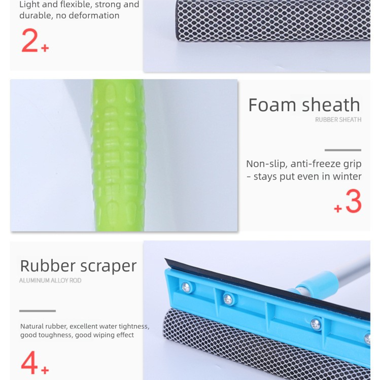 Blue Home Window Cleaner â€“ Adjustable Aluminum Alloy Glass Scraper with Dual-Sided Sponge and Rubber Blade, Easy-to-Use Window Cleaning Tool