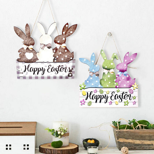 Colorful 2-Pack Easter Bunny Wooden Sign â€“ Colorful Wooden Hanging Decor with "Happy Easter" Text, Spring Door or Wall Decoration for Home and Party