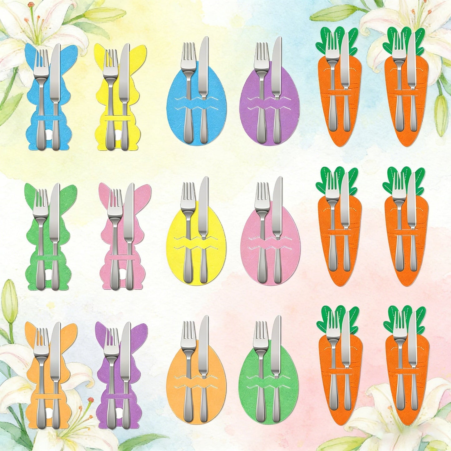 Easter egg 18-Piece Easter Cutlery Holders Set â€“ 3 Identical Sets of 6, Festive Tableware Decor for Holiday Dining and Party Use