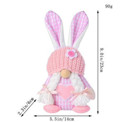 Pink Easter Plush Bunny Gnome Figurine â€“ Decorative Doll with Long Hair and Checkered Ears for Home Display