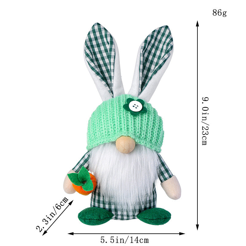 Green Easter Plush Bunny Gnome Figurine â€“ Decorative Doll with Long Hair and Checkered Ears for Home Display