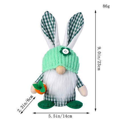 Green Easter Plush Bunny Gnome Figurine â€“ Decorative Doll with Long Hair and Checkered Ears for Home Display