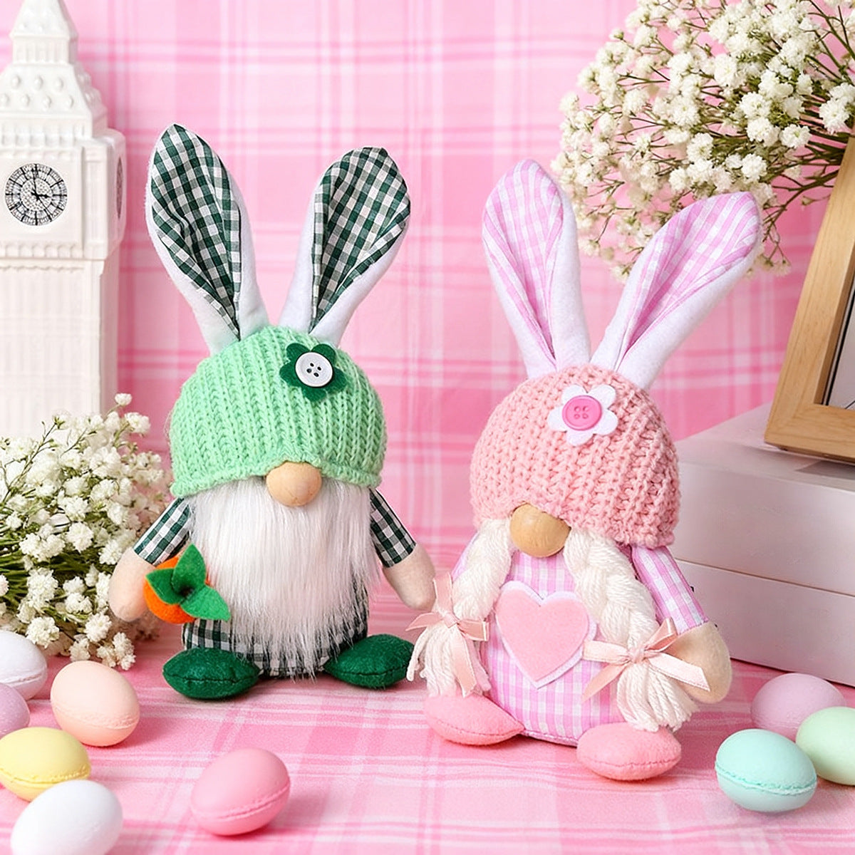 Green Easter Plush Bunny Gnome Figurine â€“ Decorative Doll with Long Hair and Checkered Ears for Home Display