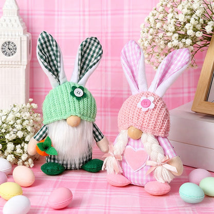 Green Easter Plush Bunny Gnome Figurine â€“ Decorative Doll with Long Hair and Checkered Ears for Home Display