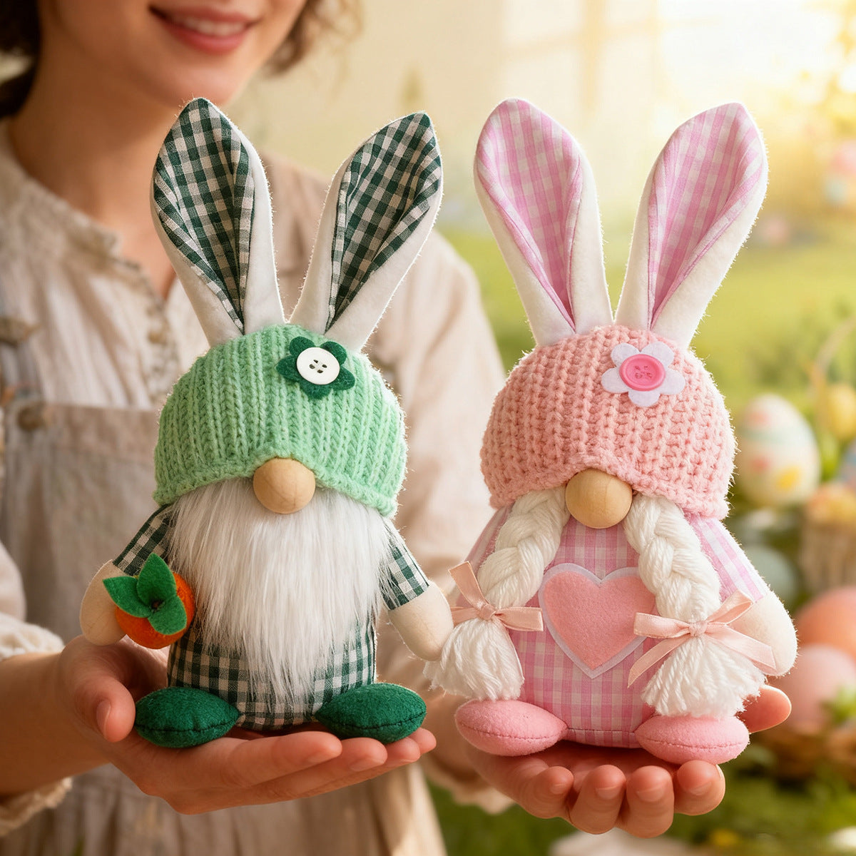 Green Easter Plush Bunny Gnome Figurine â€“ Decorative Doll with Long Hair and Checkered Ears for Home Display