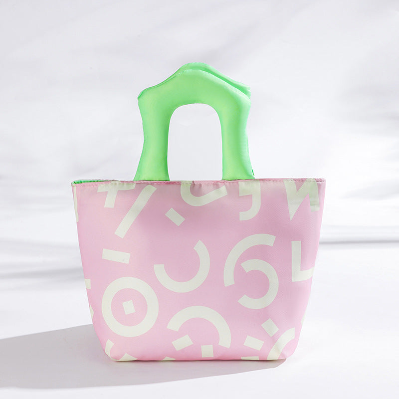 Pink Insulated Lunch Bag â€“ Multi-Color Printed Tote with Padded Handle for Students & Office Workers