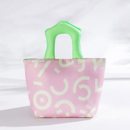 Pink Insulated Lunch Bag â€“ Multi-Color Printed Tote with Padded Handle for Students & Office Workers