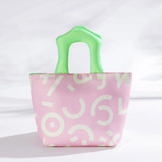 Pink Insulated Lunch Bag â€“ Multi-Color Printed Tote with Padded Handle for Students & Office Workers