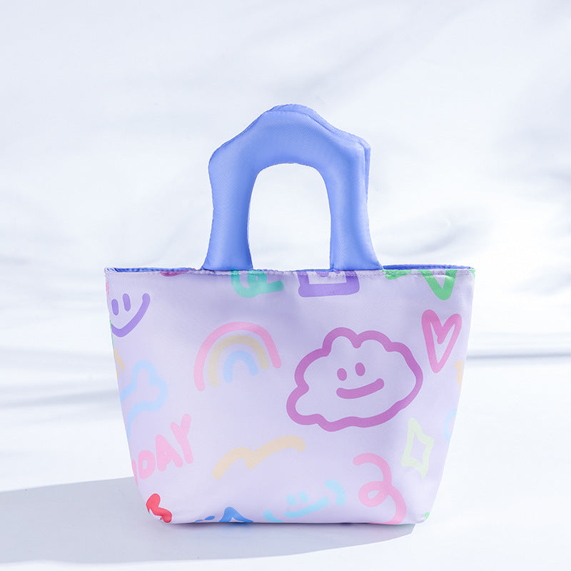 Purple Insulated Lunch Bag â€“ Multi-Color Printed Tote with Padded Handle for Students & Office Workers