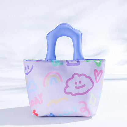 Purple Insulated Lunch Bag â€“ Multi-Color Printed Tote with Padded Handle for Students & Office Workers