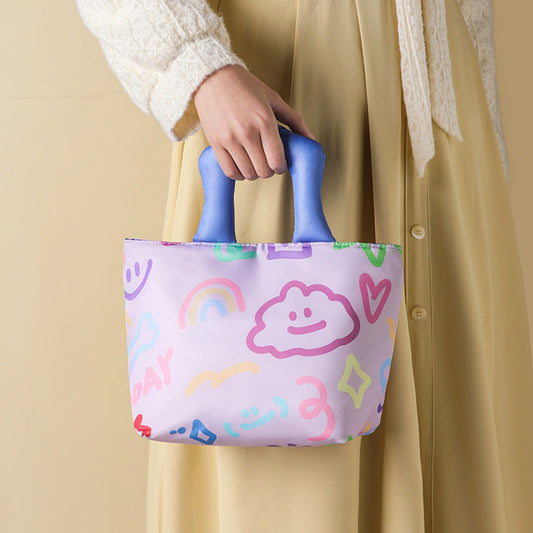 Purple Insulated Lunch Bag â€“ Multi-Color Printed Tote with Padded Handle for Students & Office Workers