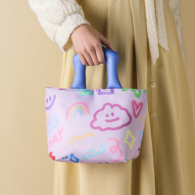 Blue and pink handbag Insulated Lunch Bag â€“ Multi-Color Printed Tote with Padded Handle for Students & Office Workers