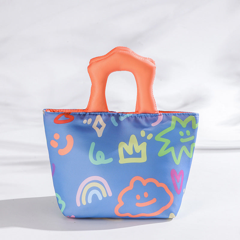 Blue and orange handbag Insulated Lunch Bag â€“ Multi-Color Printed Tote with Padded Handle for Students & Office Workers