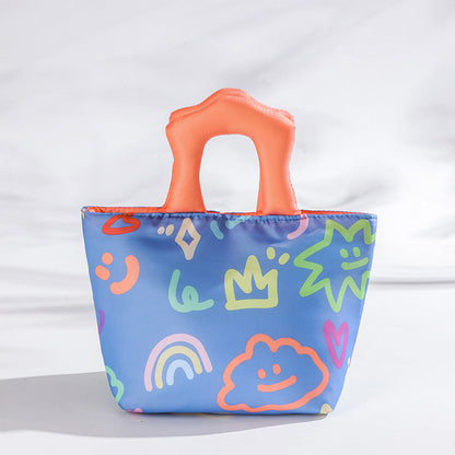 Blue and orange handbag Insulated Lunch Bag â€“ Multi-Color Printed Tote with Padded Handle for Students & Office Workers