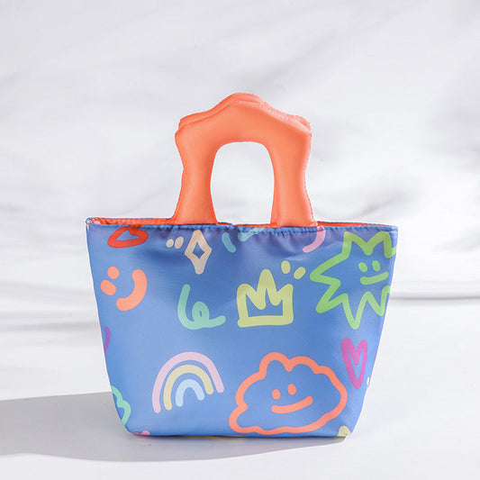 Blue and orange handbag Insulated Lunch Bag â€“ Multi-Color Printed Tote with Padded Handle for Students & Office Workers