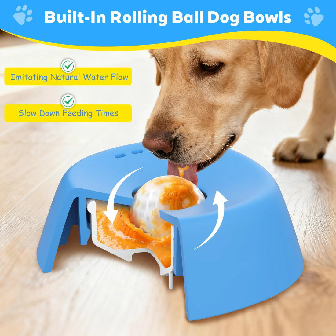 Yellow bowl, white ball Slow Feeding Dog Bowl with Built-In Rolling Ball â€“ Anti-Spill Pet Lick Dish for Healthy Eating Habits