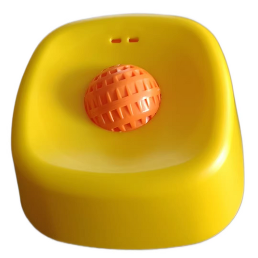 Yellow bowl with orange ball Slow Feeding Dog Bowl with Built-In Rolling Ball â€“ Anti-Spill Pet Lick Dish for Healthy Eating Habits