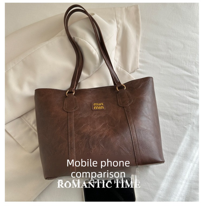 Brown Large Capacity Tote Bag â€“ Vintage-Style Shoulder Handbag for Daily Use & Office Commute