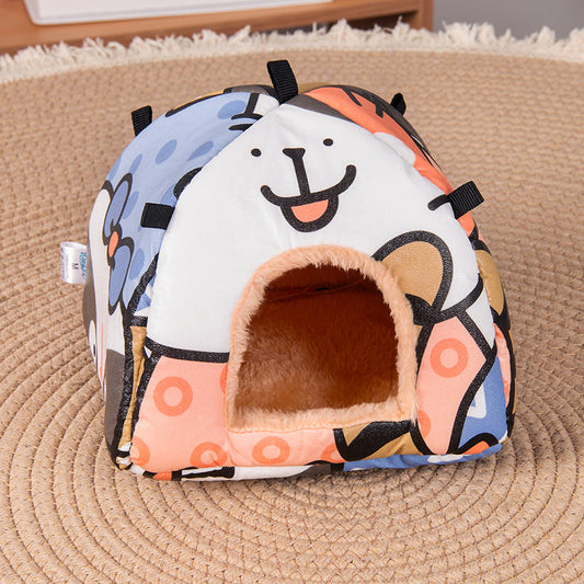 Cartoon cat Soft Shelter for Small Mammals â€“ Hanging & Floor Use, Waterproof Surface, Easy Clean(Size: S)