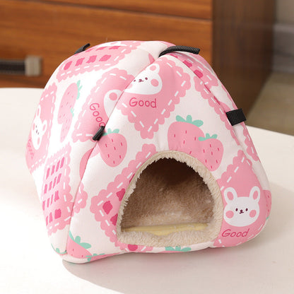 Pink Strawberry Bunny Soft Shelter for Small Mammals â€“ Hanging & Floor Use, Waterproof Surface, Easy Clean(Size: M)