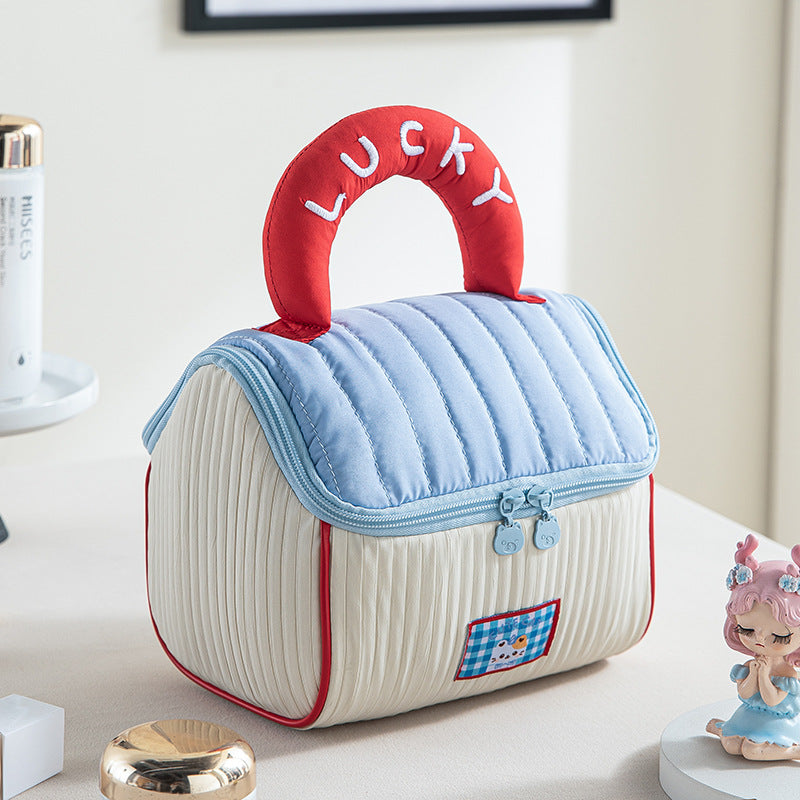Red and blue Large Capacity Cosmetic Bag â€“ Quilted Design with Dual-Zipper and Soft Handle for Travel & Daily Use