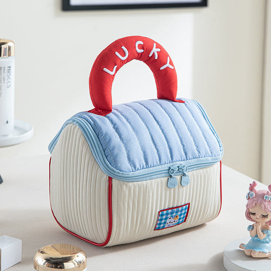 Red and blue Large Capacity Cosmetic Bag â€“ Quilted Design with Dual-Zipper and Soft Handle for Travel & Daily Use