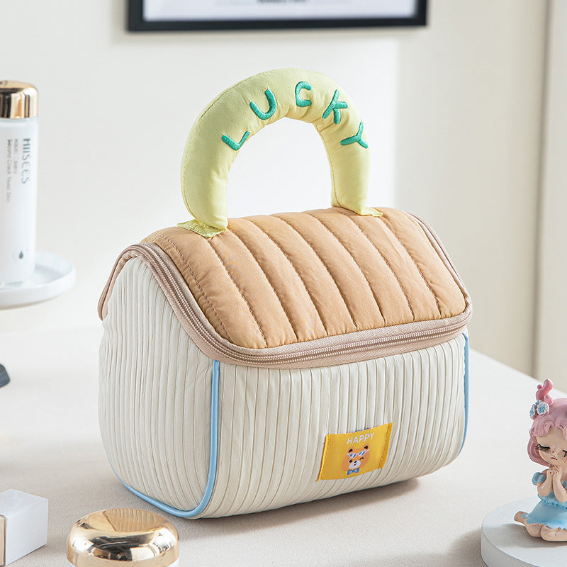 Coffee color and yellow Large Capacity Cosmetic Bag â€“ Quilted Design with Dual-Zipper and Soft Handle for Travel & Daily Use