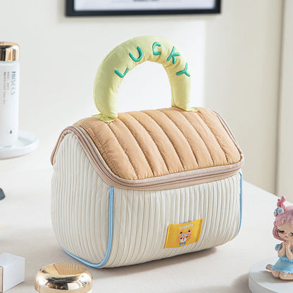 Coffee color and yellow Large Capacity Cosmetic Bag â€“ Quilted Design with Dual-Zipper and Soft Handle for Travel & Daily Use