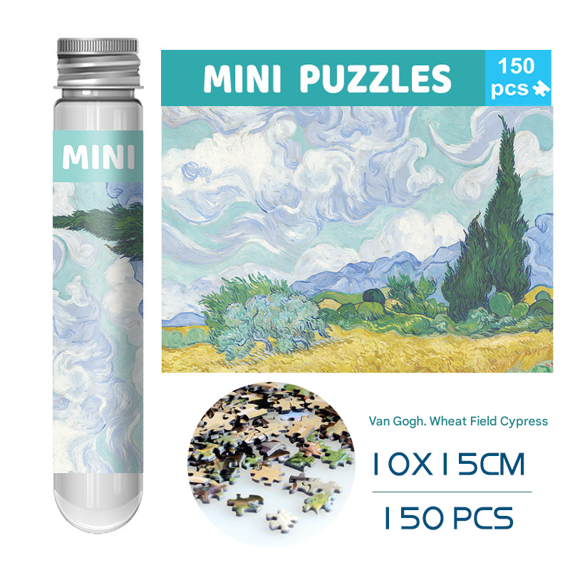 2 PCS 150-Piece Mini Puzzle in Reusable Tube â€“ Compact Jigsaw for Home or Travel, Frame Not Included(136-Wheat Fields and Cypress Trees)
