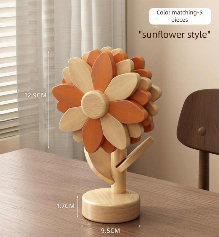 5-Piece Floral-Shaped Trivet Set with Stand â€“ Wooden Heat Resistant Pad for Table, Dish, Pot or Cup(Warm orange and beech wood two-tone)
