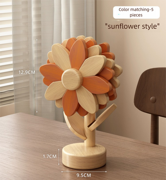 5-Piece Floral-Shaped Trivet Set with Stand â€“ Wooden Heat Resistant Pad for Table, Dish, Pot or Cup(Warm orange and beech wood two-tone)