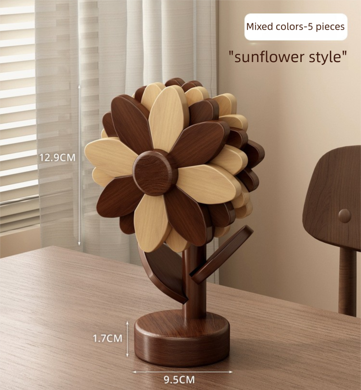 5-Piece Floral-Shaped Trivet Set with Stand â€“ Wooden Heat Resistant Pad for Table, Dish, Pot or Cup(Walnut and beech two-tone)