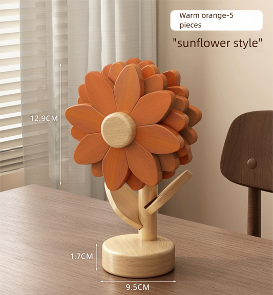5-Piece Floral-Shaped Trivet Set with Stand â€“ Wooden Heat Resistant Pad for Table, Dish, Pot or Cup(Warm orange color)
